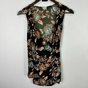 Vtg Y2K Top Check It Out Sleeveless Brown Floral Draped Surplice Boho Romantic M